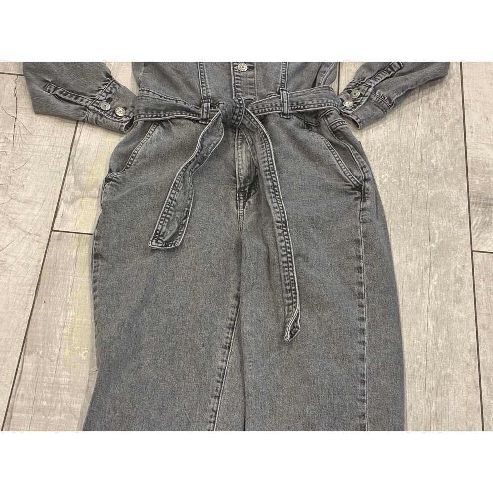 GAP Denim Jumpsuit Size 2P Washed Black Belted Puff Sleeve Button Up Retro 90's - Picture 3 of 10